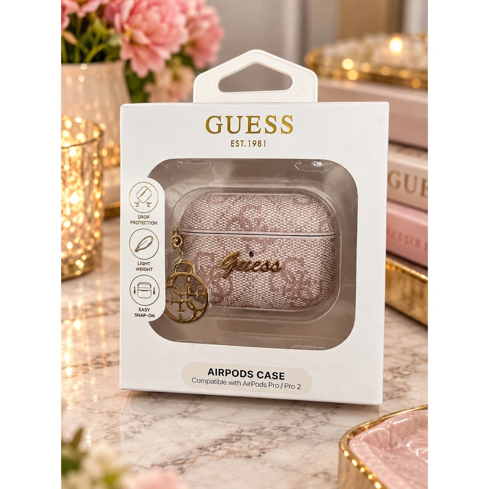 Guess Pink Lace AirPods Pro Case with Gold Logo Charm for Pro and Pro 2 NEW